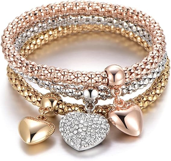 Crystal Charms Multilayer Bracelets - 3PCS Gold/Silver/Rose Gold Corn Chain Bracelet for Women, T... | Amazon (US)