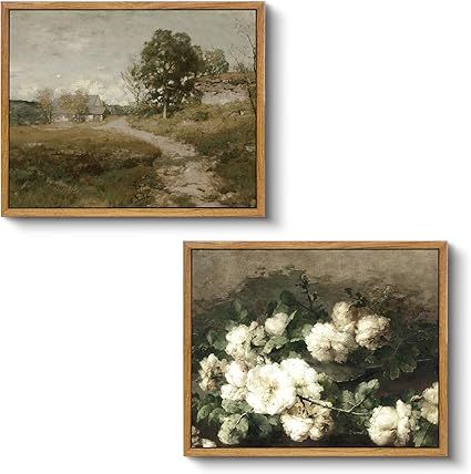 VIYYIEA Two Vintage Framed Wall Art, Country Road and White Flower Painting Decor Aesthetic, Smal... | Amazon (US)