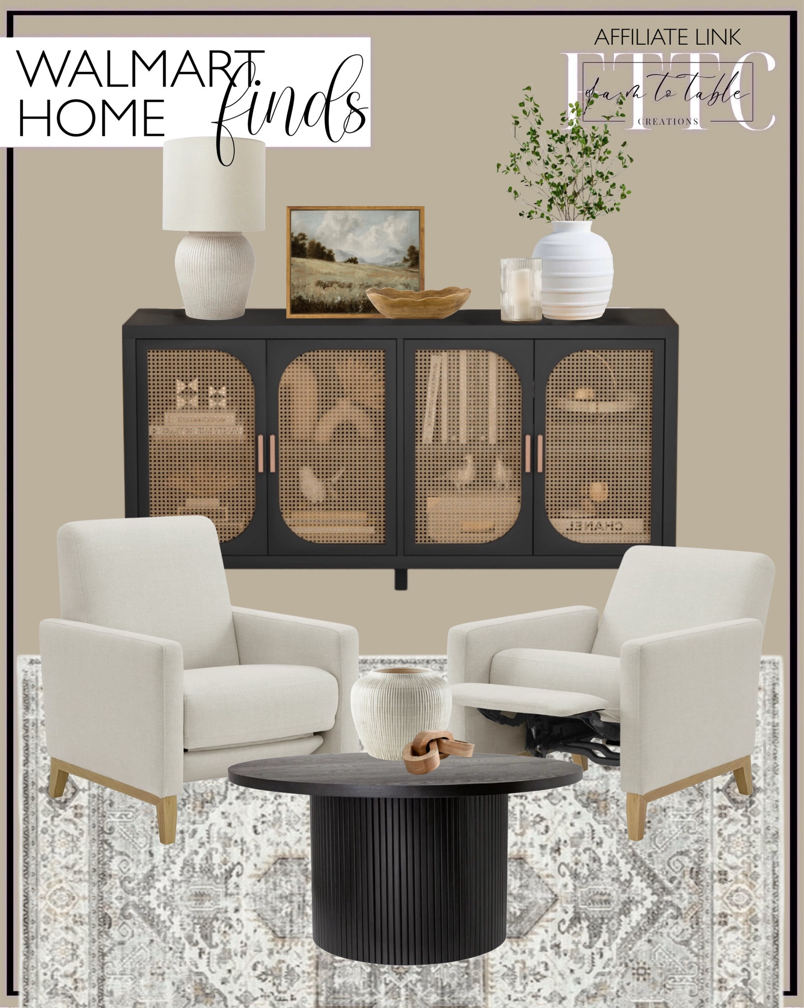 Walmart Home Finds. Follow @farmtotablecreations on Instagram for more inspiration.

Better Homes & Gardens Reading Push Back Recliner, Cream. Natural Rattan Storage Cabinet with Metal Handle, Sideboard Buffet Cabinet. Better Homes & Gardens Indoor Carved Mid-Tone Brown Wood Decorative Dough Bowl. Framed Canvas Wall Art Vintage. Better Homes & Gardens 21" Raw Sand Table Lamp with Shade by Dave & Jenny Marrs. Wood chain link. Coffee Table Decor. My Texas House 7" White Distressed Stripe Round Stoneware Vase. Artificial Ficus Branches. Solid wood pedestal coffee table. Area rug. Better Homes & Gardens 8" Clear Glass Ribbed Candle Holder Hurricane. Ceramic Vase  

Walmart Home Finds. Walmart Decor. Walmart Living Room. Walmart Deals. Walmart Living Room  

#LTKFindsUnder50 #LTKSaleAlert #LTKHome