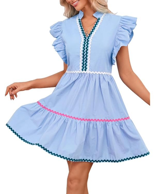 LifeShe Women's Summer Mini Dress V Neck Flutter Sleeve Babydoll Dresses Striped Ruffle A Line Be... | Amazon (US)