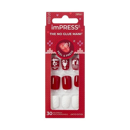 KISS imPRESS Design Holiday Press on Nails, Feelin' Festive, Red, Short Squoval, 30 Count | Walmart (US)