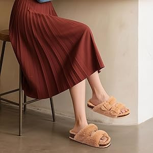 KIDMI Fuzzy Slippers Women with Cork Footbed Fluffy Slides Open Toe Indoor House Shoes | Arch Sup... | Amazon (US)