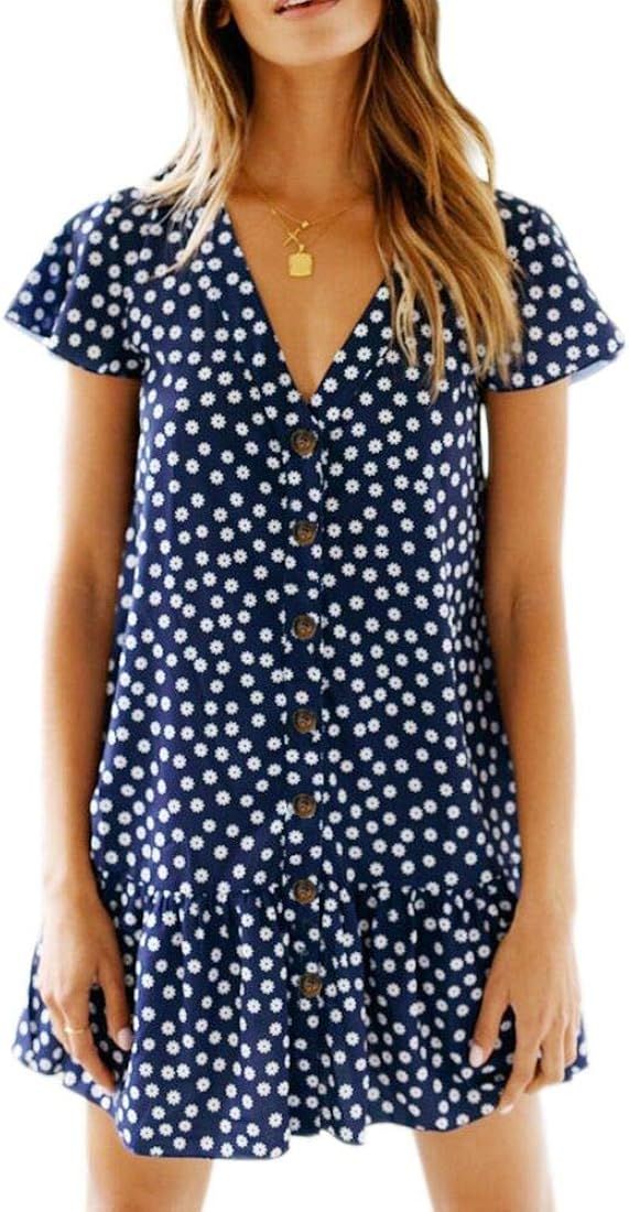 Imysty Womens Polka Dot V Neck Button Down Ruffles Loose Mini Short T-Shirt Dress (X-Large, Green... | Amazon (US)
