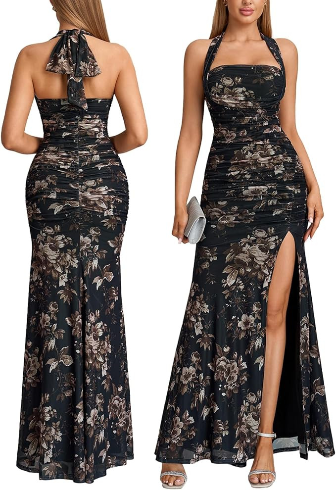 Women Halter Tie High Slit Wedding Guest Maxi Dress | Amazon (US)