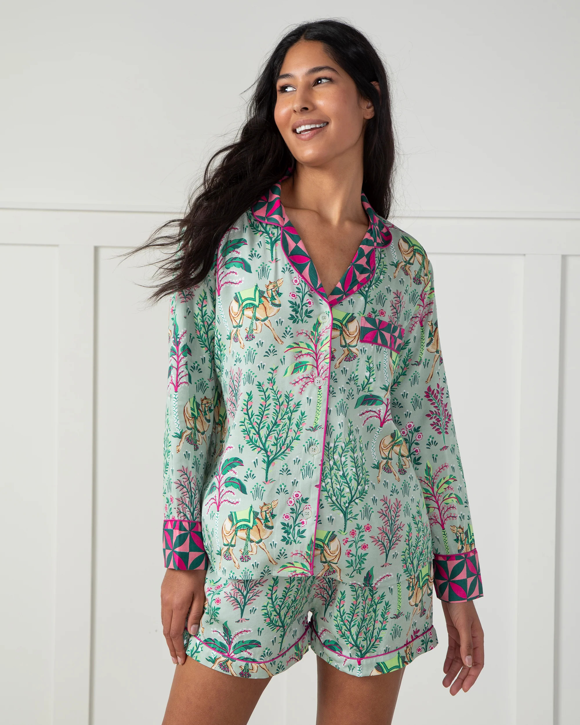 Camel's Courtyard - Satin Long Sleeve Top and Shorts Set - Avocado | Printfresh