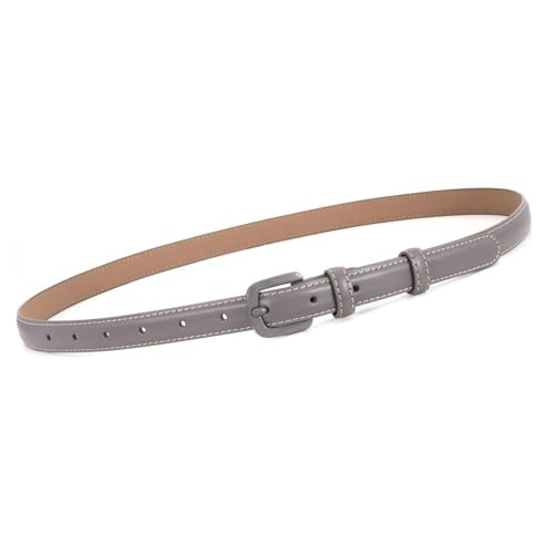 WHIPPY Women Skinny Leather Belt Thin Waist Jeans Belt for Pants in Pin Buckle Belt, Light Grey, Pants Size 42-47 Inches | Amazon (US)