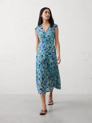Mesh Shirred-Waist Long Midi Dress | Banana Republic Factory