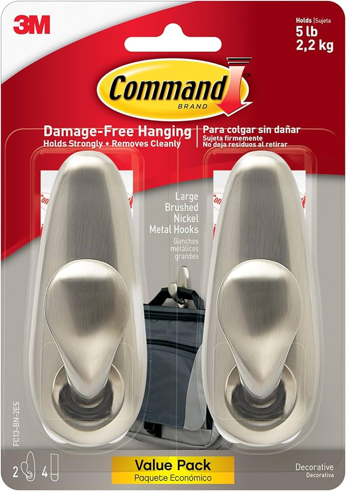Command 5 lb Large Brushed Nickel Metal Hooks, 2 Coat Hooks and 4 Command Strips, Damage-Free Hanging with Adhesive, Great for Hanging Home and Room Decor | Amazon (US)