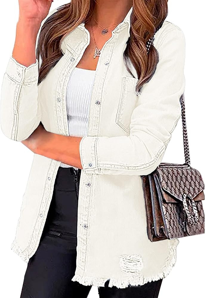 luvamia Womens Denim Jacket Distressed Button Down Jean Shirt For Women Ripped Shacket Coat | Amazon (US)