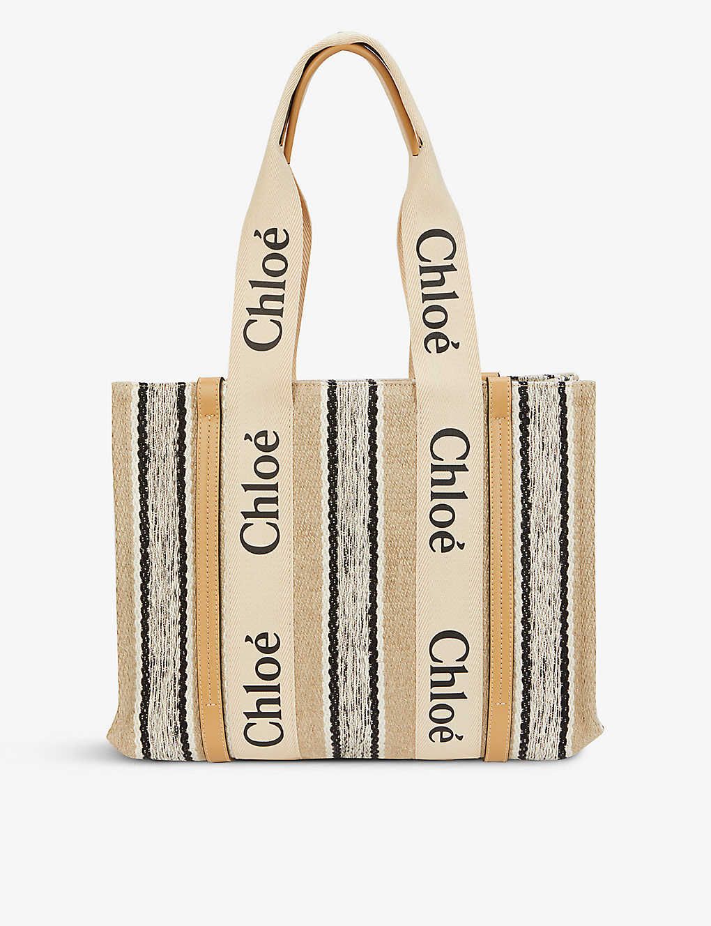 CHLOE Woody striped canvas and leather tote bag | Selfridges