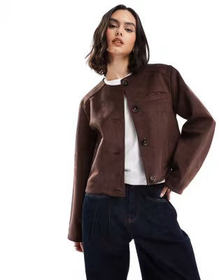 ASOS DESIGN collarless suedette jacket in chocolate | ASOS | ASOS (Global)