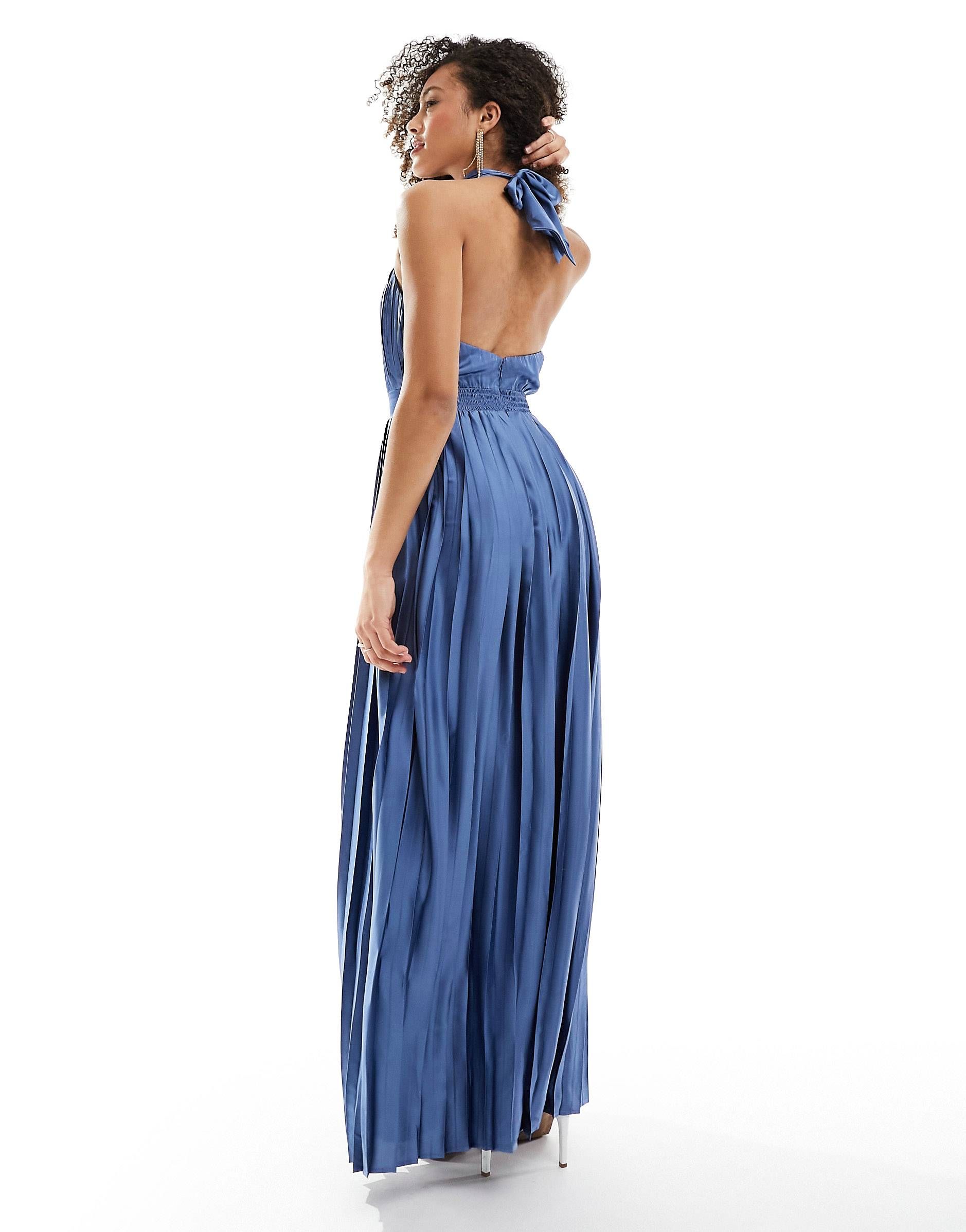 TFNC Bridesmaid satin pleated halterneck maxi dress with full skirt in aster blue | ASOS (Global)