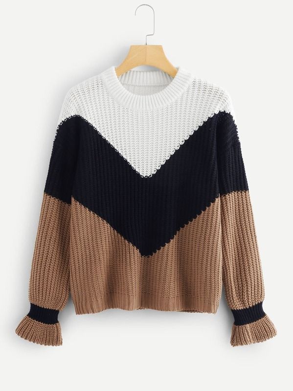Flounce Cuff Color-block Sweater | SHEIN