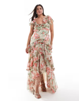 ASOS DESIGN Curve bardot maxi dress with tiered skirt and lace trim in floral print | ASOS (Global)