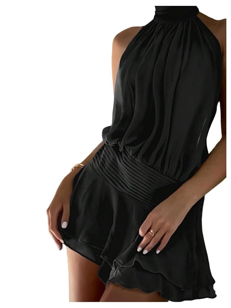 Floerns Women's Summer Mini Dress Sleeveless Halter Backless Ruched Date Night Layered A Line Dre... | Amazon (US)