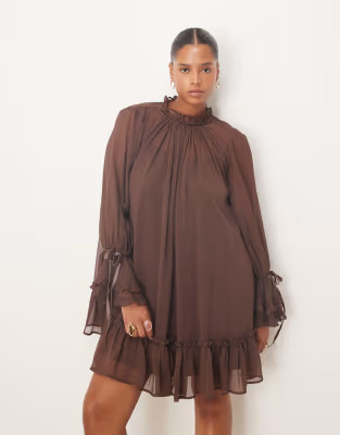 ASOS DESIGN Curve smock mini dress with tiered ruffle cuffs and velvet bows in chocolate | ASOS (Global)