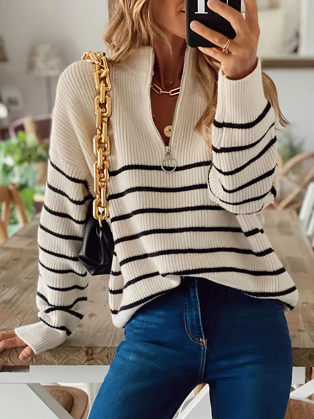 Striped Zip Turtle Neck Pullover Sweater, Casual Long Sleeve Loose Sweater, Women's Clothing - Te... | Temu Affiliate Program