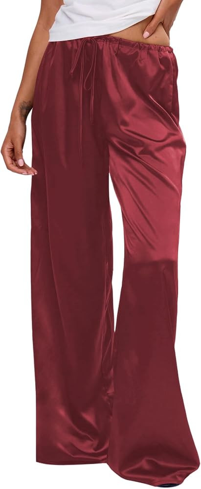 MakeMeChic Women's Summer Satin Silk Pants Casual Flowy Pants Beach Vacation Wide Leg Pants | Amazon (US)