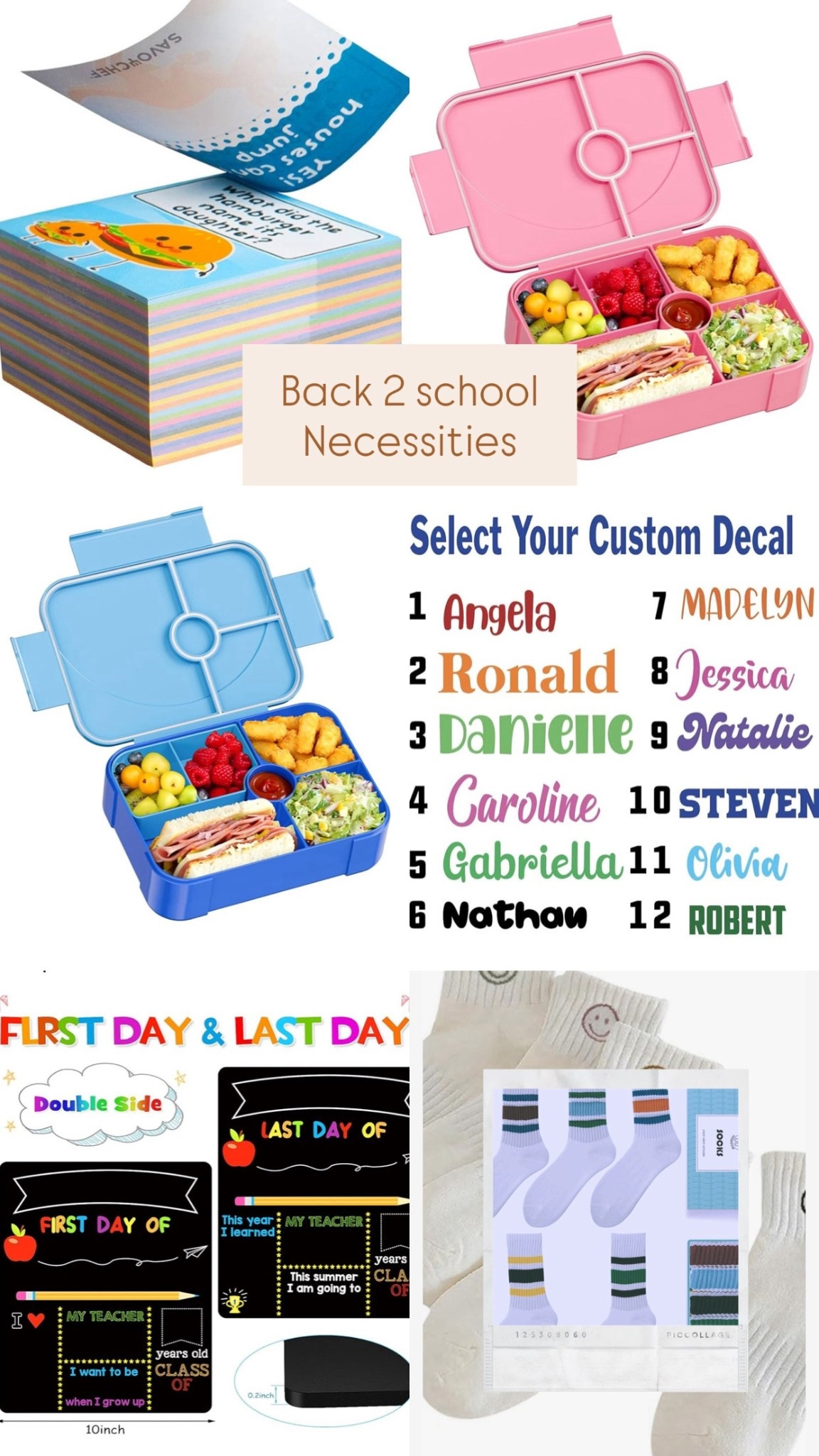 $16 lunch box notes/jokes, 450 in set 
$10 bento lunch box organizers
$6 personalized stickers for supplies
$5 double sided b2s sign 
$12 smiley sock set
$5 boy striped sock set 

#LTKKids #LTKSaleAlert #LTKSeasonal