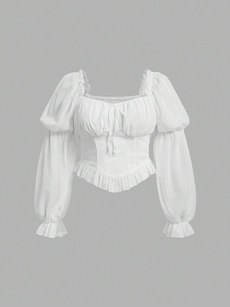 SHEIN MOD Plus Size Vintage Women'S Sweetheart Neckline Shirt With Ruffled Sleeves | SHEIN