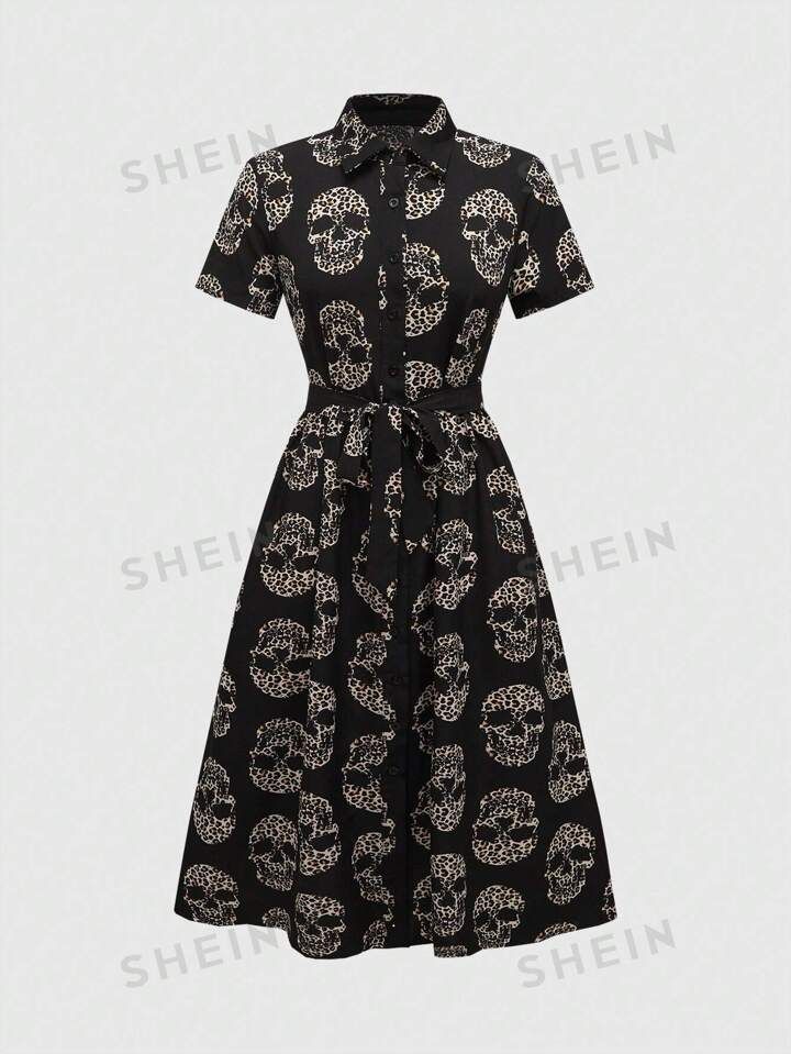 ROMWE Goth Plus Size Women's Random Printed Short Sleeve Dress | SHEIN USA | SHEIN