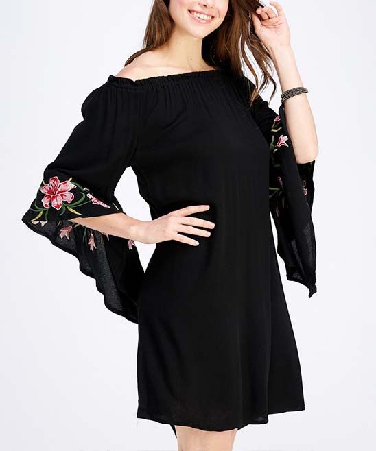 Simply Boho LA Women's Casual Dresses BLACK - Black Flare Sleeve Floral Embroidered Peasant Dress -  | Zulily