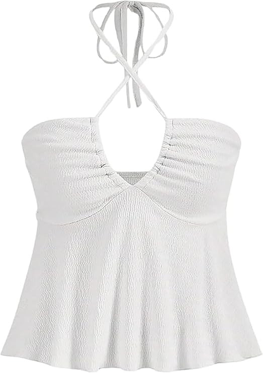 Women Sexy Floral Self Tie Crisscross Halter V Neck Sleeveless Strapless Backless Ruched Ruffle S... | Amazon (US)