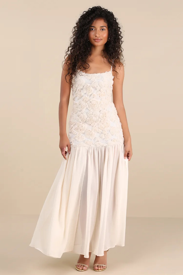 Kalene Cream 3D Rosette Sheer Hem Maxi Dress | Lulus