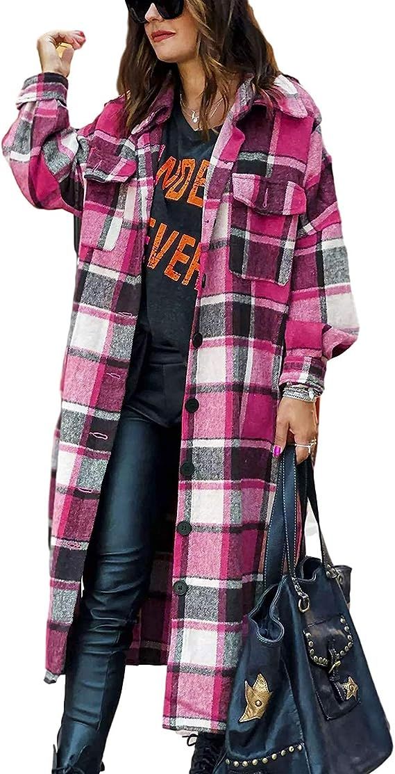 Omoone Women's Lounge Lapel Button Up Long Sleeve Plaid Long Shirt Jacket Shacket | Amazon (US)