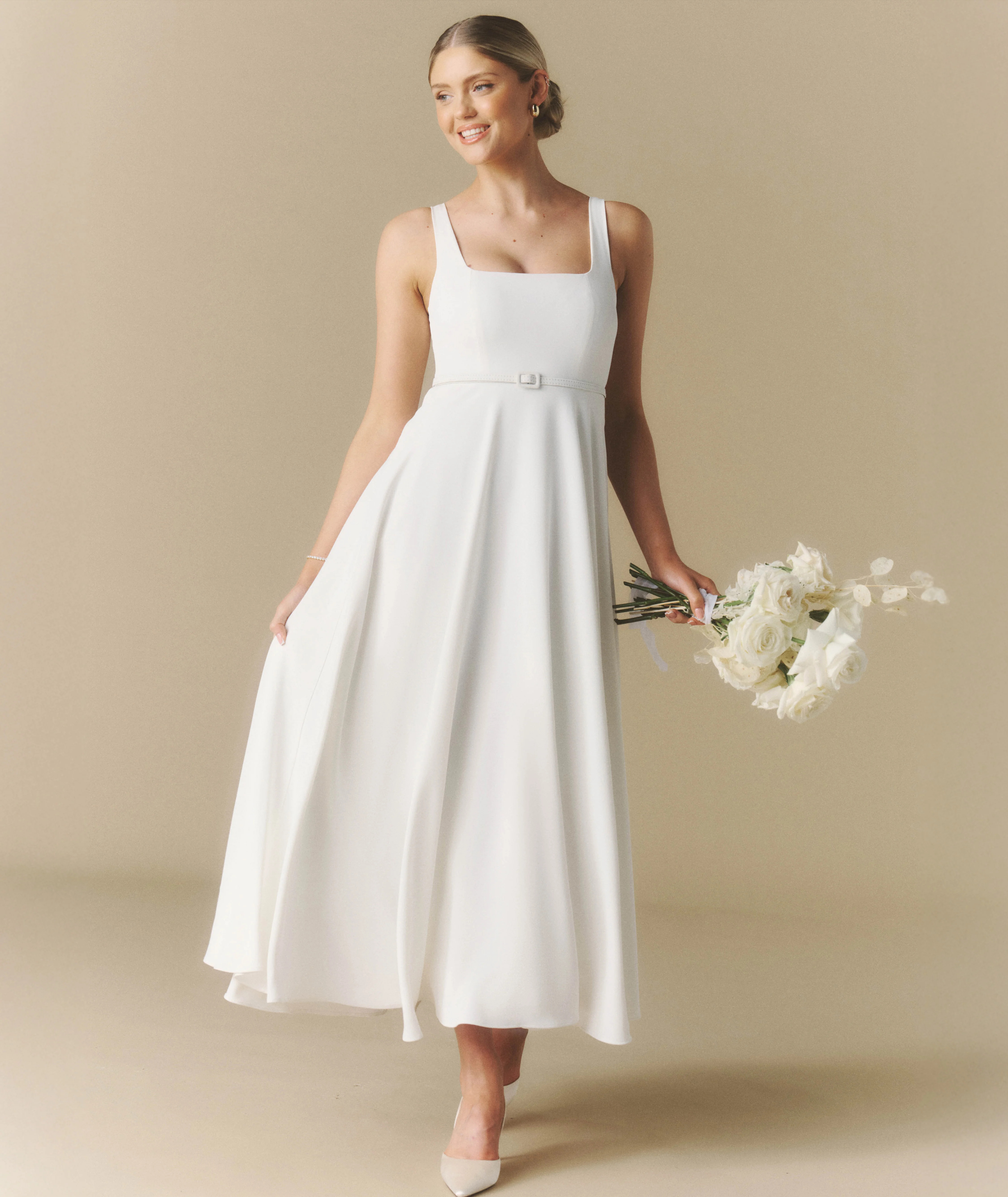 Square Neck Belted Midi Dress - White | Six Stories