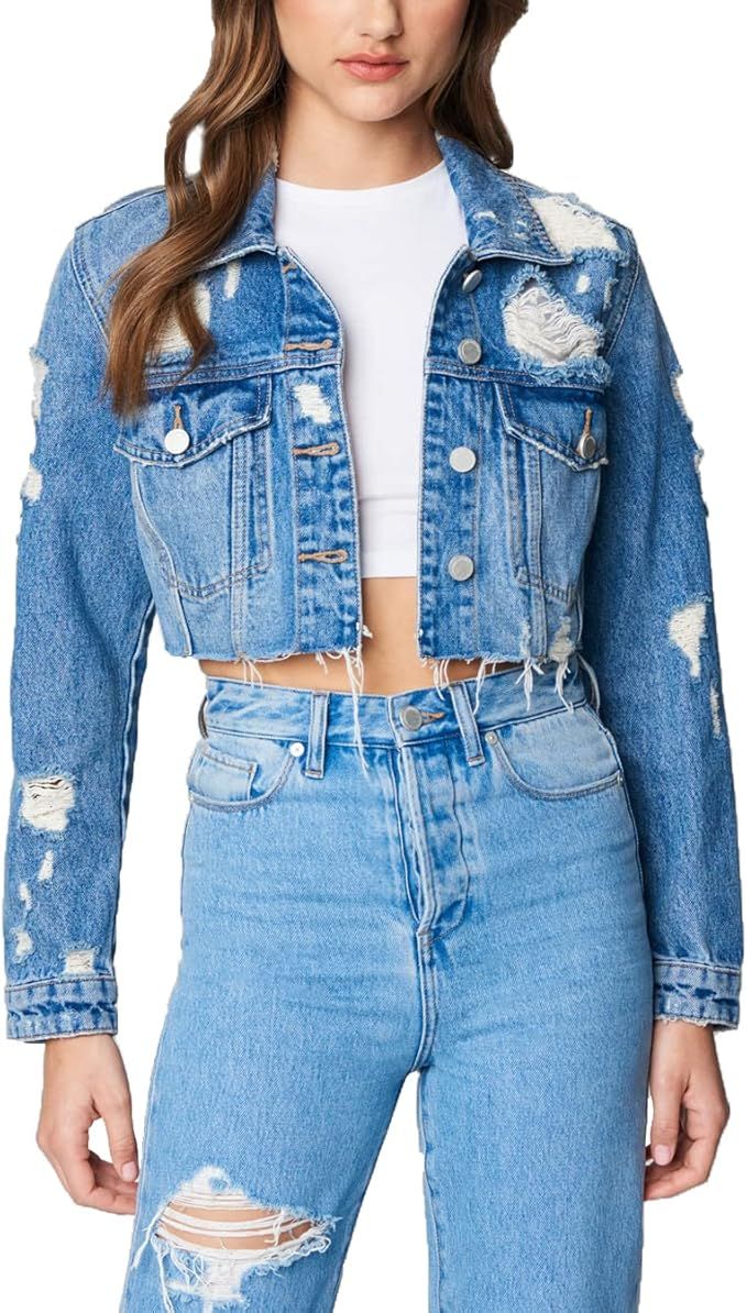 [BLANKNYC] womens Luxury Clothing Cropped and Distressed Denim Trucker Jackets, Comfortable & Sty... | Amazon (US)