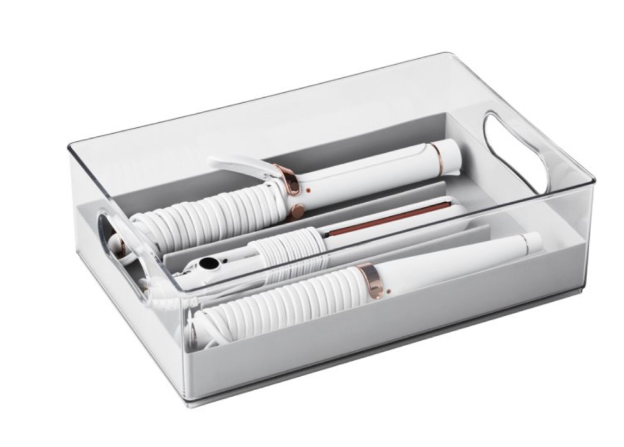 This “the home edit” clear acrylic bin with silicone bottom is what I use to store and organize my hot hair tools. The silicone base ensures the plastic will not melt from the heat of the styling irons!

#LTKunder50 #LTKhome #LTKbeauty