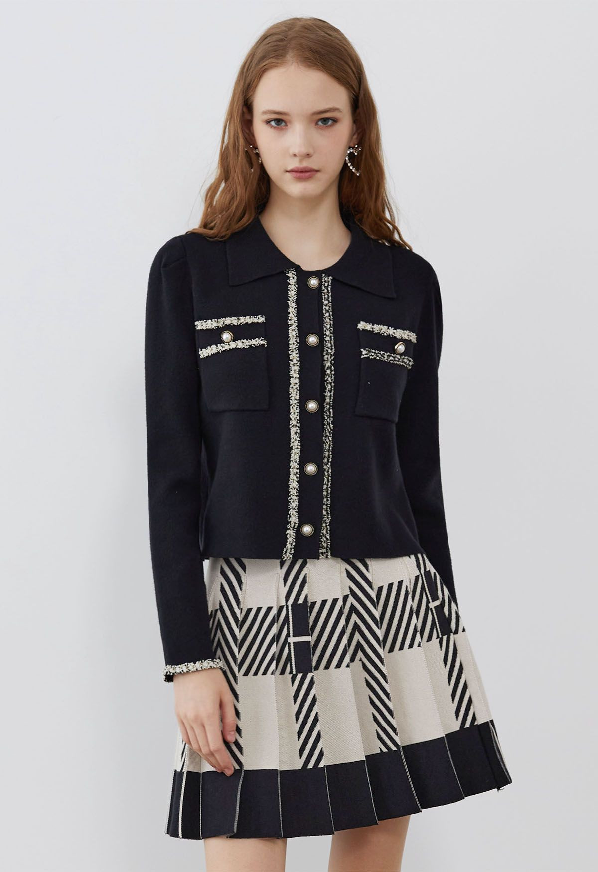 Contrast Trim Button Down Knit Cardigan in Black | Chicwish