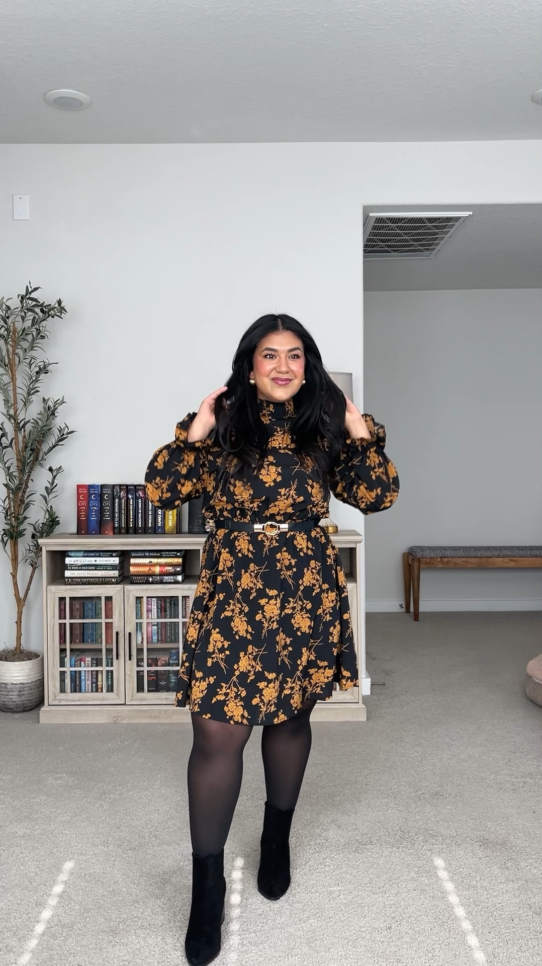 I’m 5’1” size 12 // Amazon dress, size large. // tights are Sheertex (the BEST), size large // boots are true to size // belt is size 29”-40” // oversized black tee is a large 

#LTKPetite #LTKMidsize #LTKHoliday