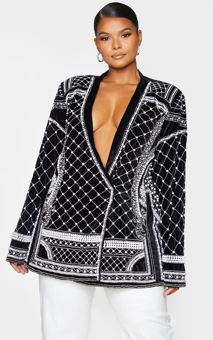 Plus Black Woven Embellished Beaded Oversized Blazer | PrettyLittleThing US