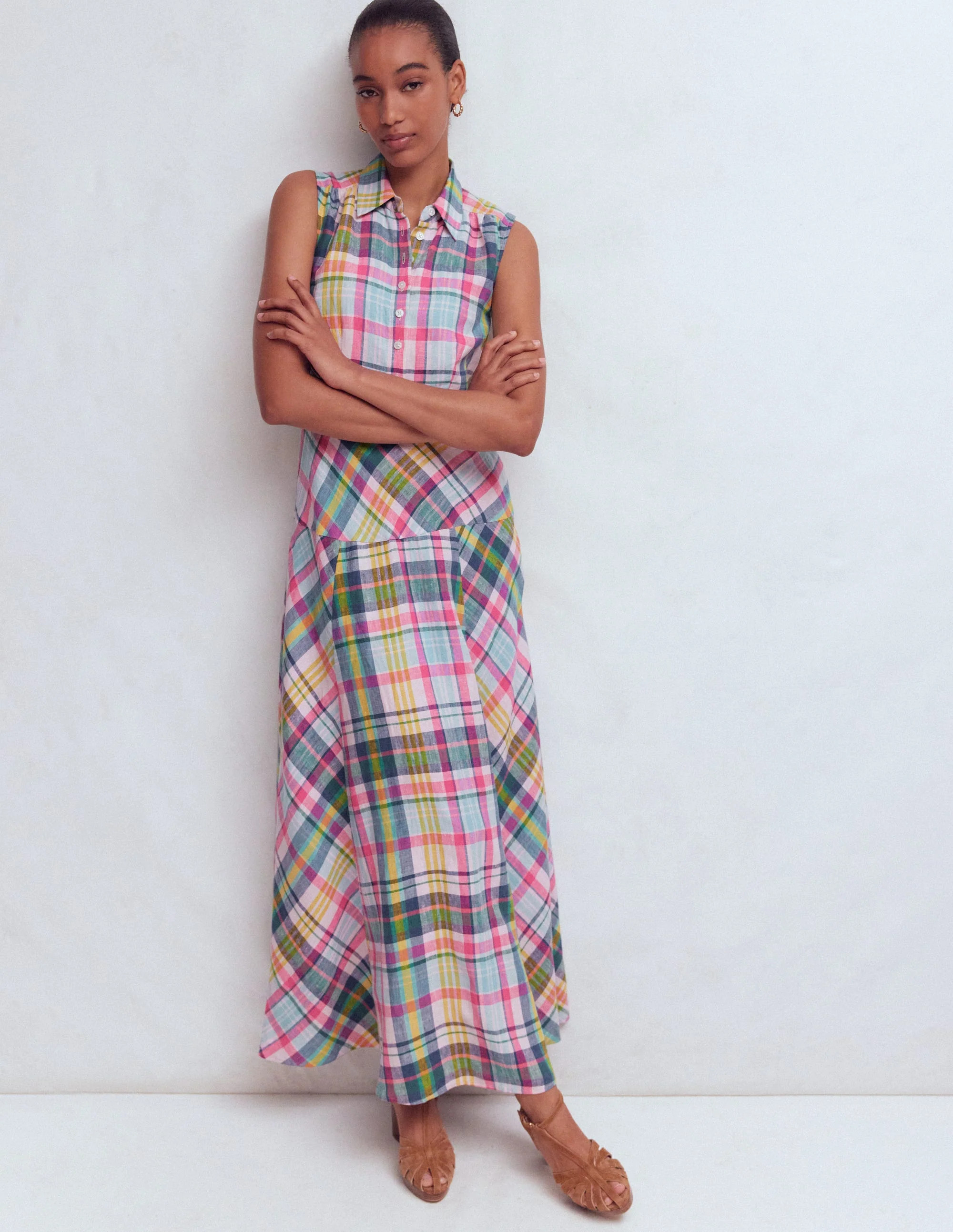 Erma Drop Waist Linen Dress-Blue, Pink and Green Madras | Boden (US)