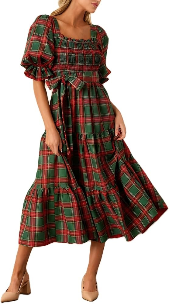 Women Y2K Christmas Plaid Maxi Dress Puff Ruffle Sleeve Smocked Flowy Tiered Tartan Dress Bow Tie... | Amazon (US)
