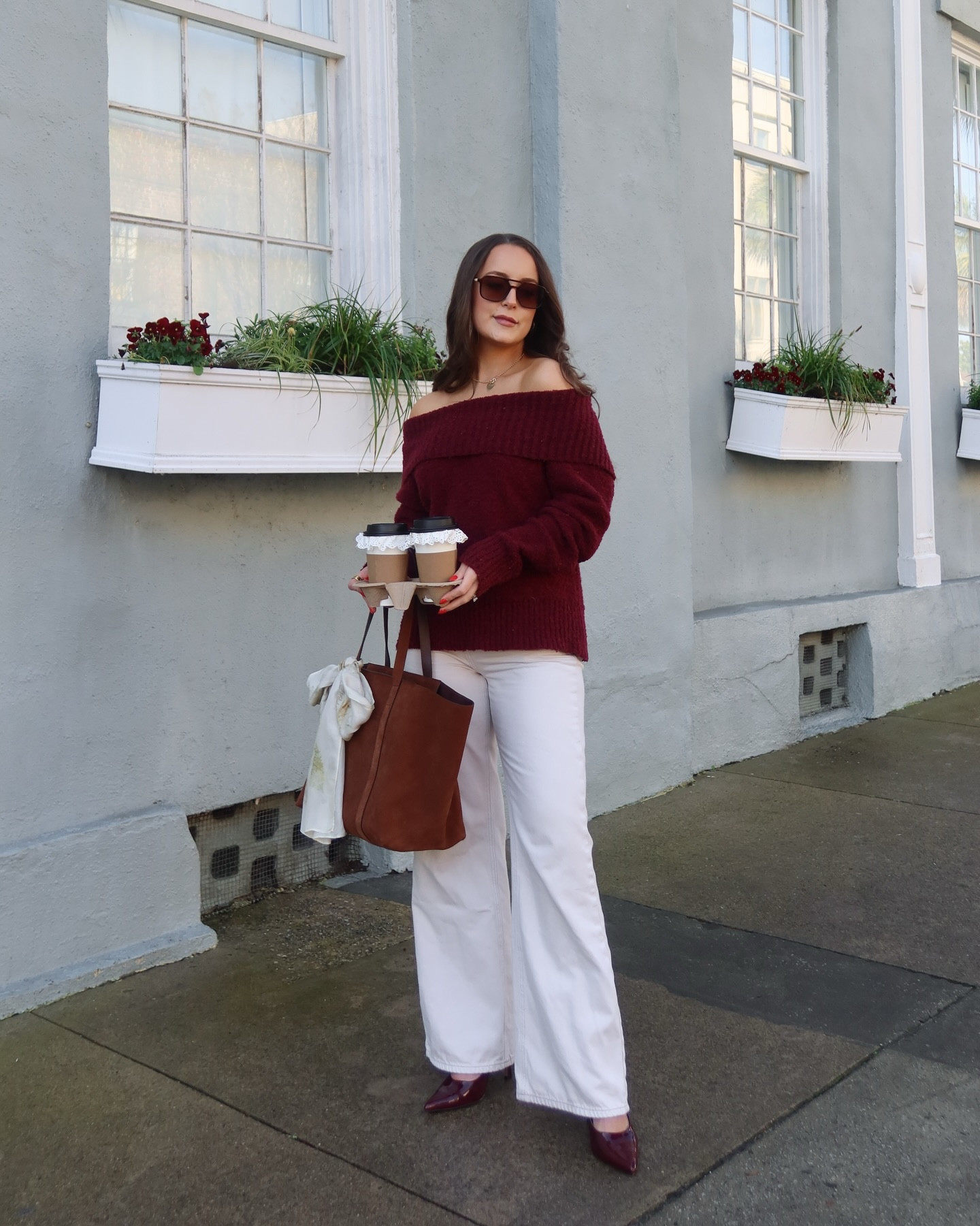The first of many Charleston ootds✨
.
.
.
Early spring outfit, burgundy outfit, off the shoulder sweater, it girl outfit, aesthetic style, Pinterest inspired, aesthetic edits, #sezanelovers #pinterestoutfit #springoutfit