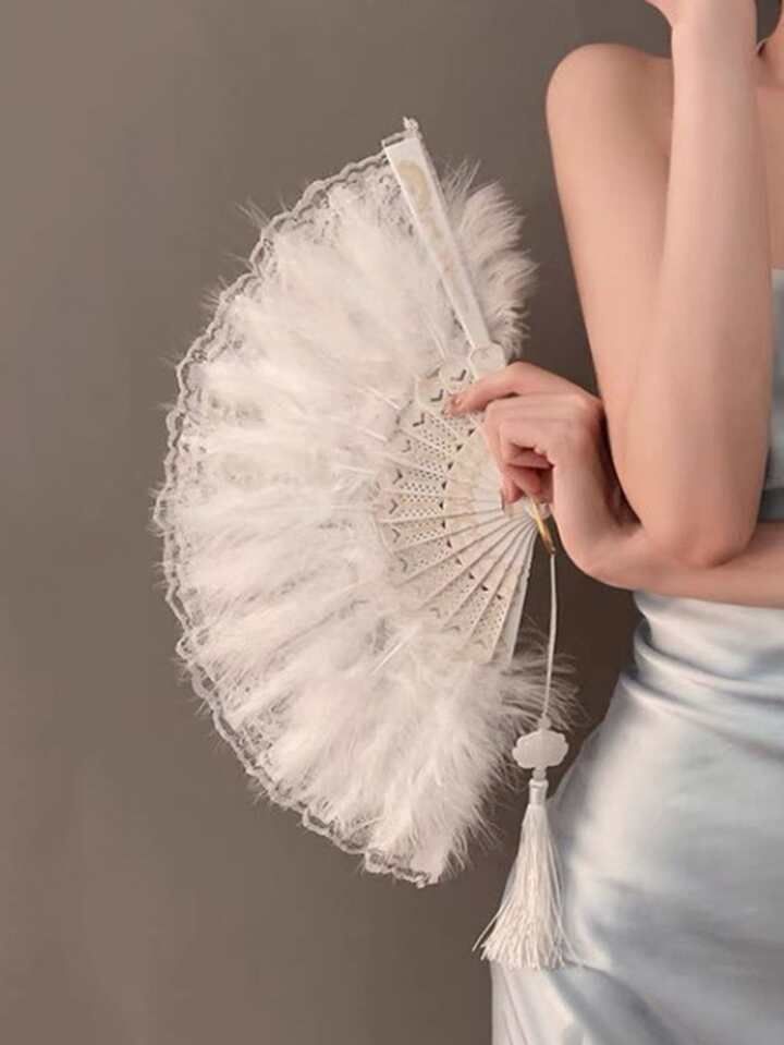 1pc Vintage-style Imitation Feather & Lace Fan With Gold-plated Accents | SHEIN
