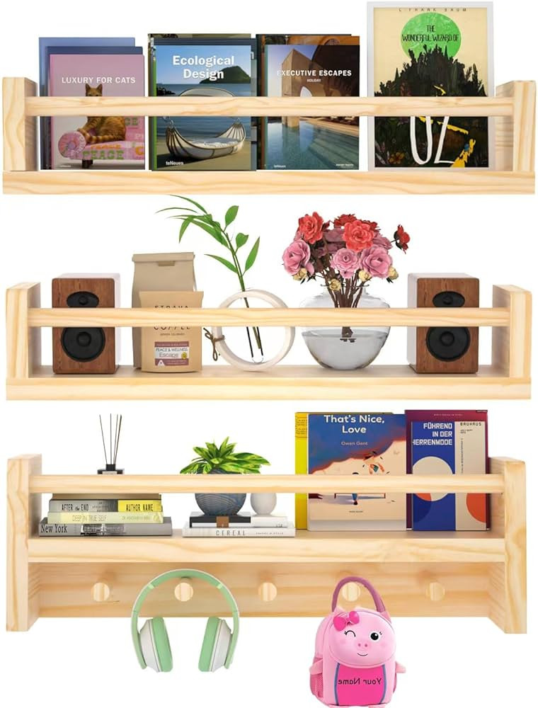 TROAKAOI 23.6 Inch Natural Wood Nursery Book Shelves, Set of 3 Floating Wall Bookshelf for Kids R... | Amazon (US)