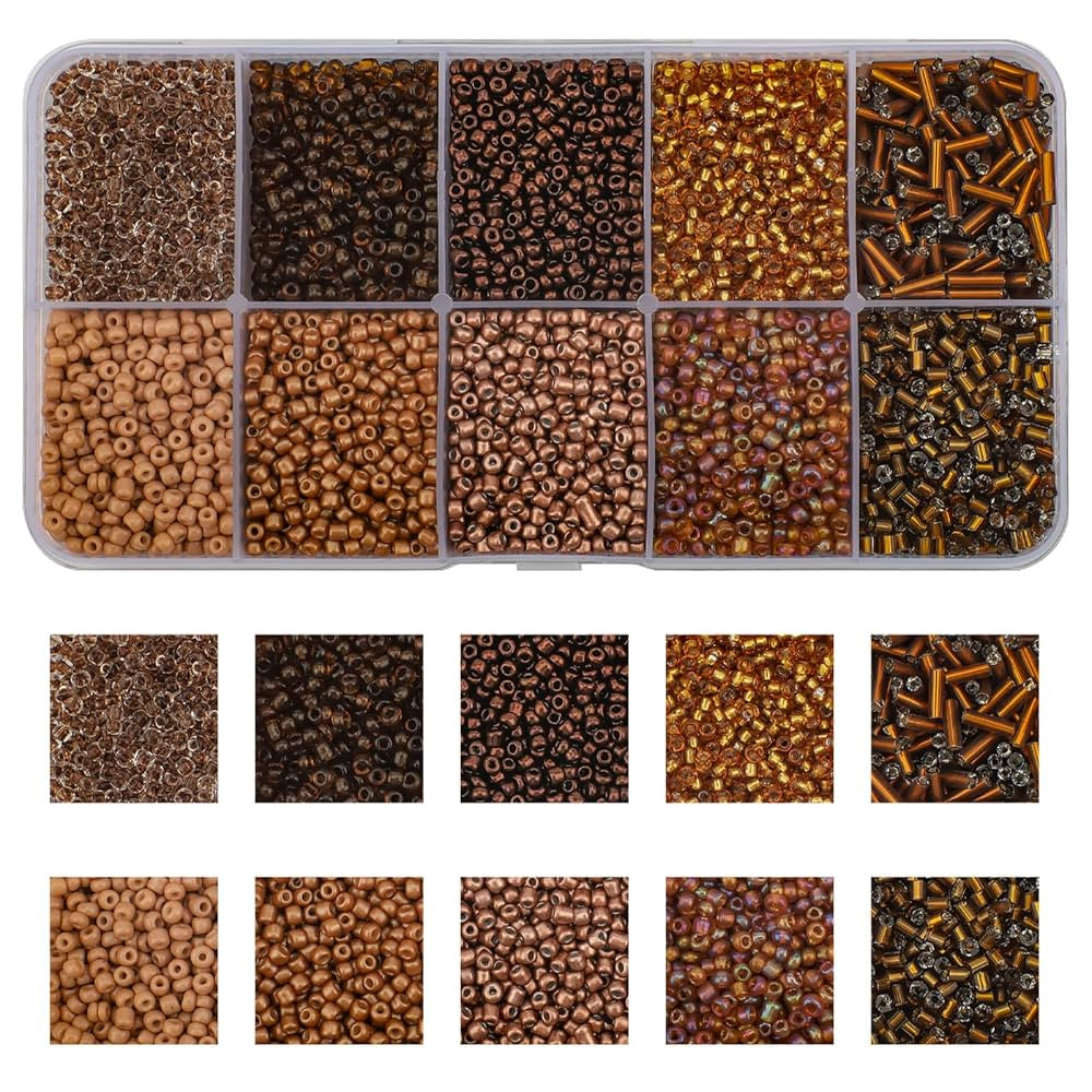 Approx 5000pcs 12/0 Glass Seed Beads for Jewelry Making, 2mm Mix 10 Colors Tube Beads Glass Bugle Beads Waist Beads Kit for Bracelets Necklaces Earrings DIY Supplies (Brown) | Amazon (US)