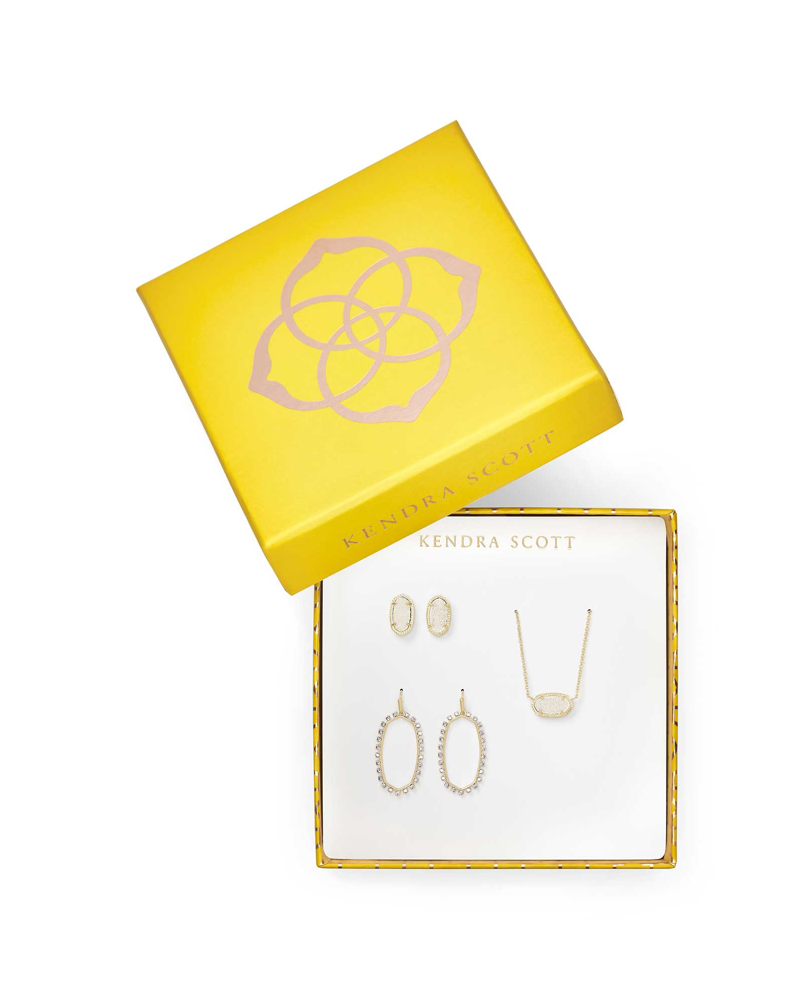 Elisa Necklace, Ellie Earrings, & Elle Open Frame Crystal Earrings Gift Set in Gold | Kendra Scott