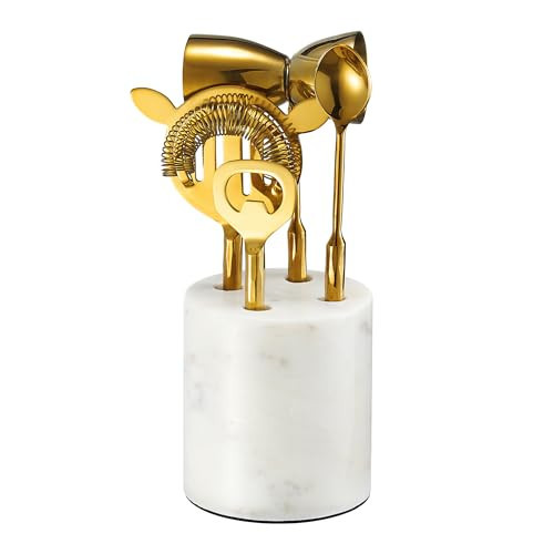 5-Piece Gold & Marble Bartender Kit with Stand, Stainless Steel Bar Tool Set, Includes Jigger, Strainer, Spoon, Bottle Opener Luxury Home Bar Cart Accessories, Luxury Cocktail Decor & Mixer Gift Set | Amazon (US)