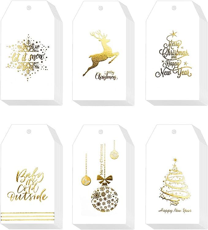 Whaline 120 Pcs Christmas Gold Foil Paper Gift Tags Holiday Hang Name Tags Label with Twine for D... | Amazon (US)