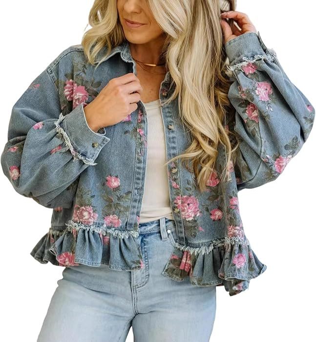 Women's Y2k Floral Print Ruffled Denim Jacket Boyfriend Button Down Crop Jean Jacket Coats | Amazon (US)