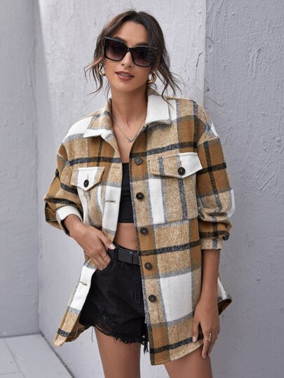 SHEIN Drop Shoulder Button Front Flap Pocket Plaid Coat | SHEIN