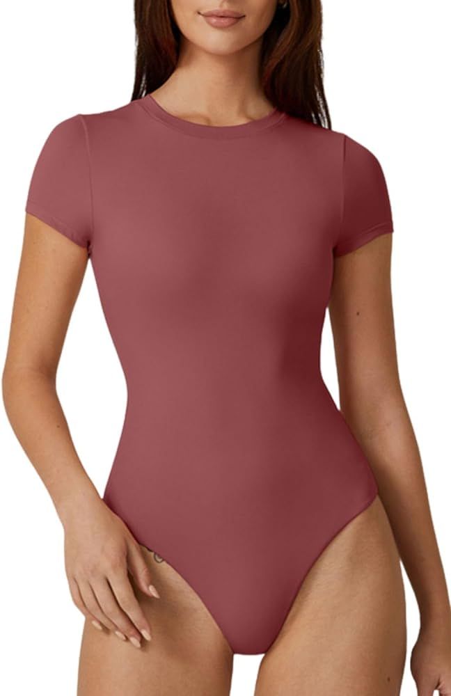 QINSEN Womens Crew Neck Short Sleeve Bodysuit Soft Body Suit Tops Double Lined Shirts | Amazon (US)