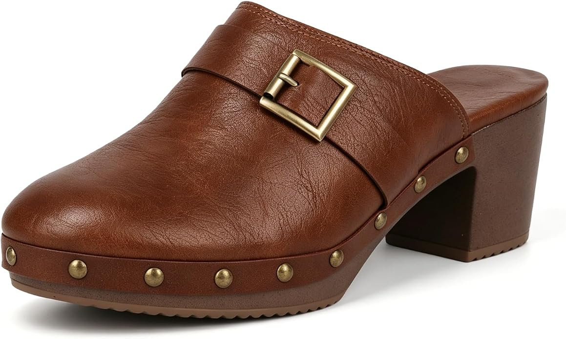 SoundSky Women Studded Clogs Mules Buckle Platform Block Heel | Amazon (US)