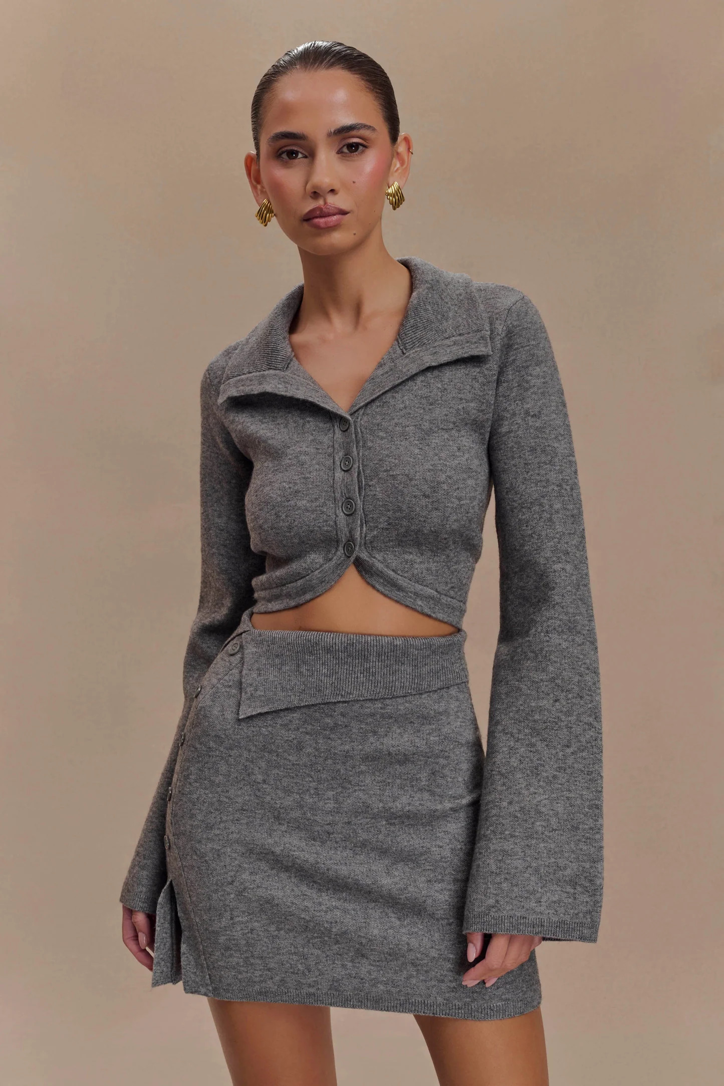 Annabelle Knit Curved Hem Cardigan - Charcoal | MESHKI US