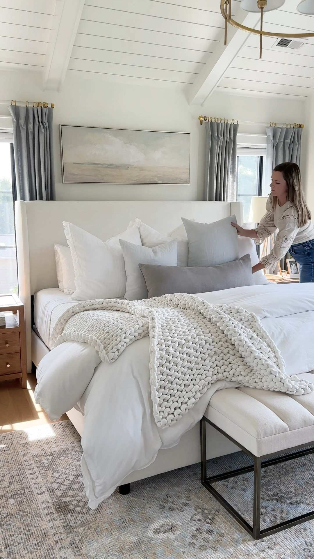 Neutral, light and bright Primary bedroom details! 

Paint color: Benjamin Moore Simply white 
Rug: 8x10
Bed: King size in Zuma White. We have a standard size boxspring and 12” thick mattress
Curtains: 84” length, 50” wide in mineral blue with light filtering lining
Art: I found it locally (preframed) but I’m linking the same art on stretched canvas in a similar size.
Pillows: 4 king size bed pillows, 3 26” Euro pillows, 2 20” blue linen throw pillows, 1 14x26” light gray lumbar pillow
Bedding: Organic cotton duvet cover in white with medium weight down insert (king), Waffle bed blanket in natural (king)
Chunky Throw: This is actually a 15lb weighted blanket in cloud white


#LTKVideo #LTKhome #LTKMostLoved